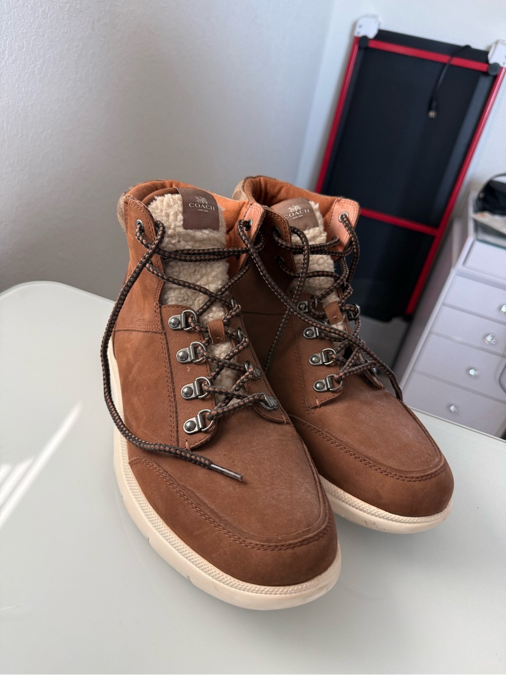 Coach Men’s Brown Suede Sherpa-Lined Lace-Up Boots